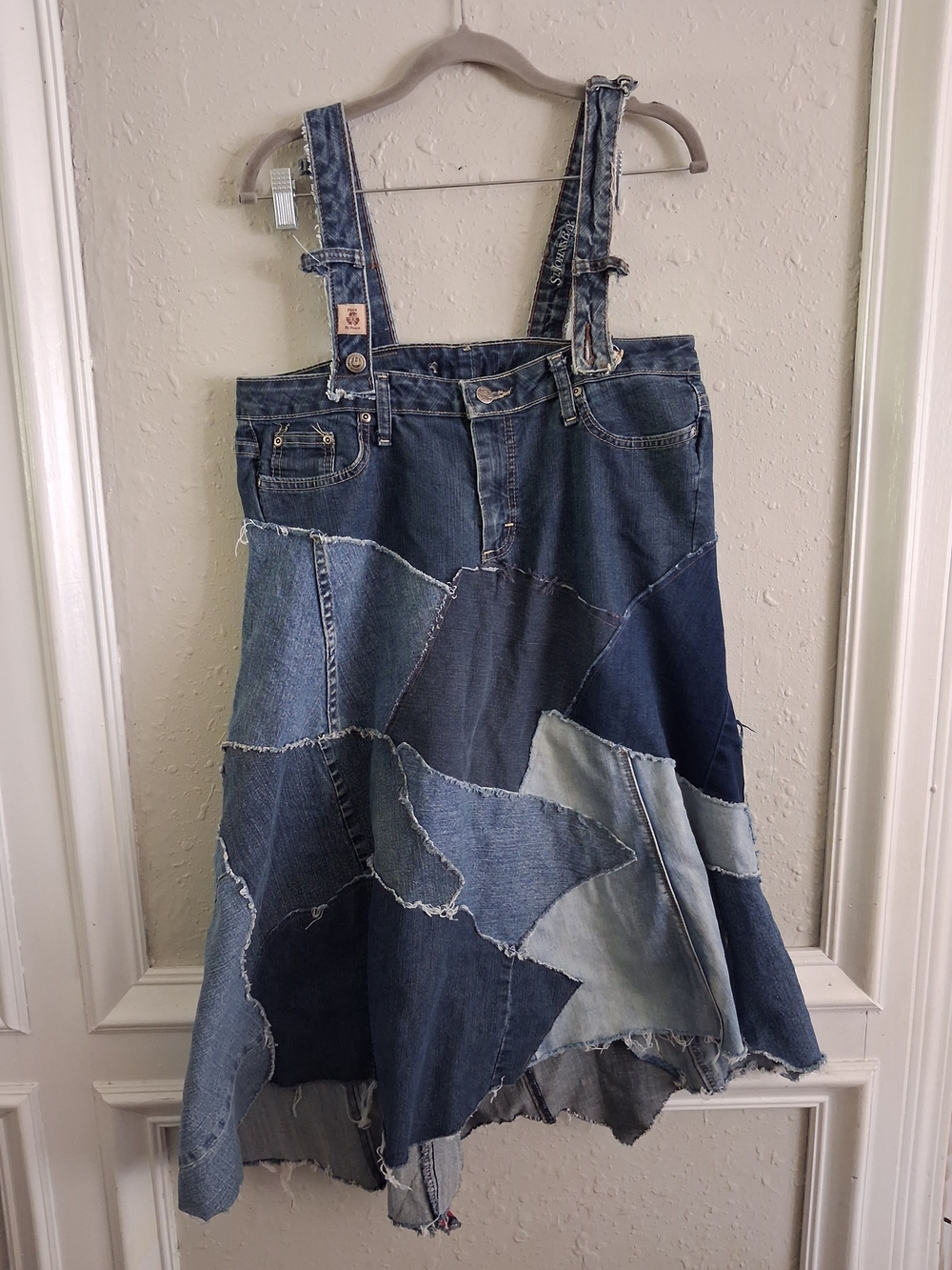 Upcycled Denim Patchwork Pinafore Dress Overalls piece by peace Canadian design